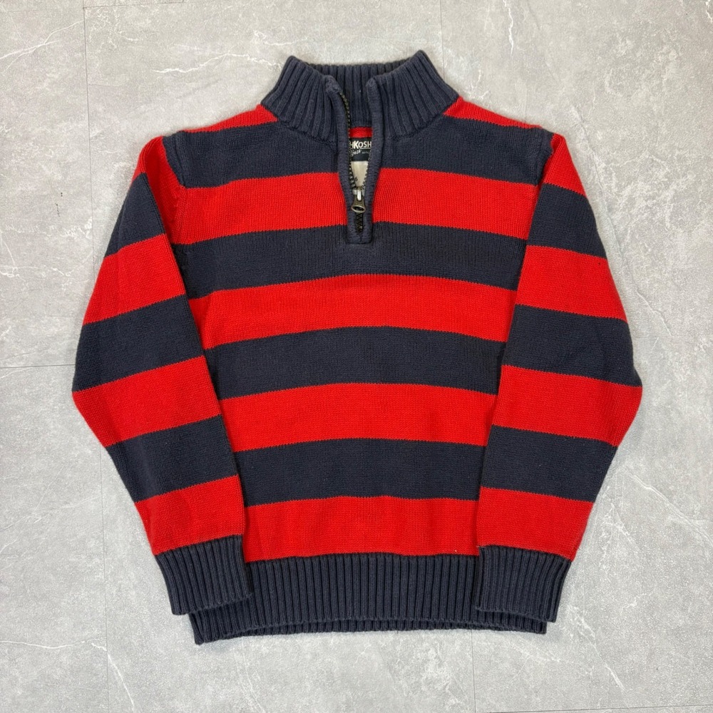 OshKosh Bgosh Boys Red Navy Blue Striped Quarter Zip Mock Neck Sweater Size 6